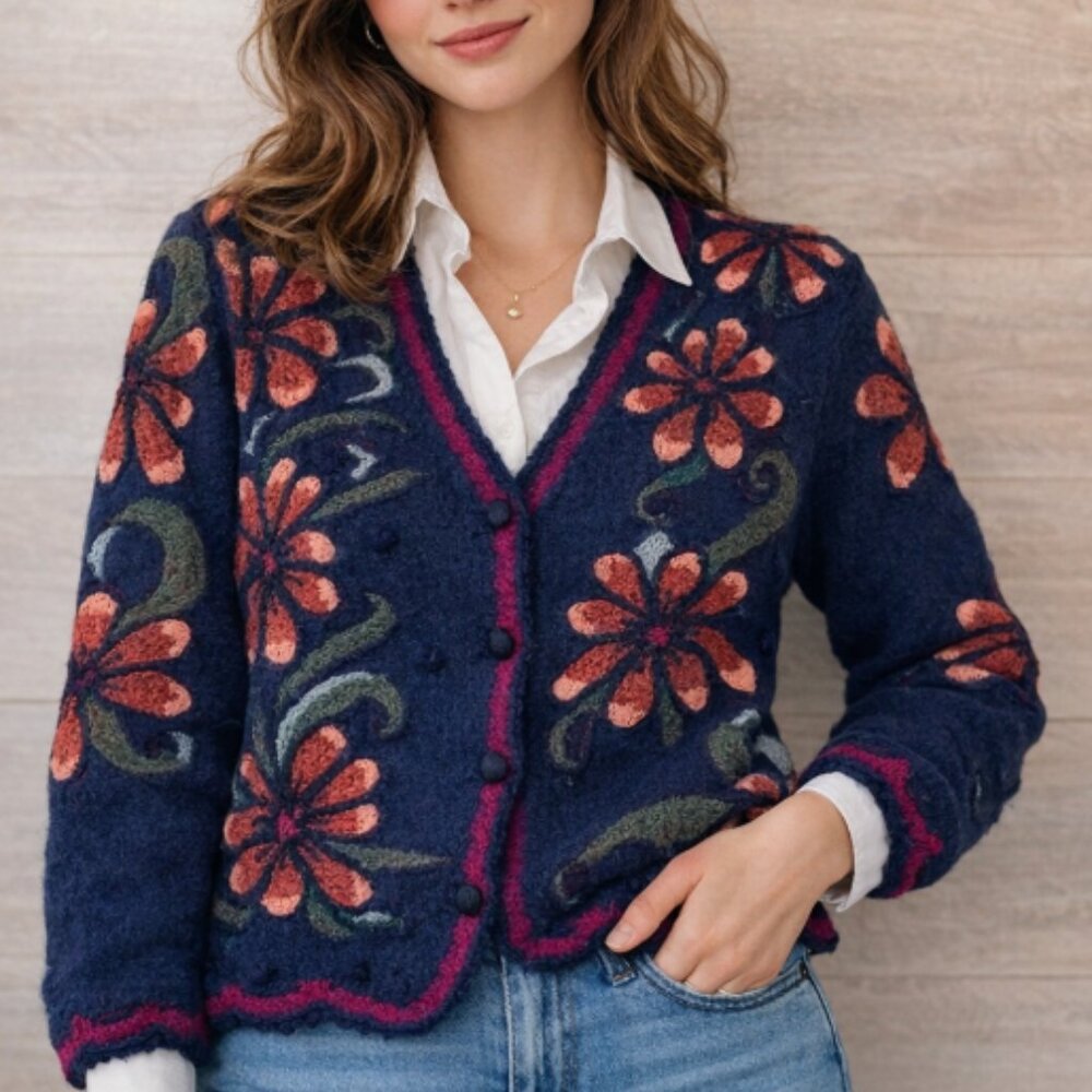 Peruvian Connection Blue Floral Cardigan